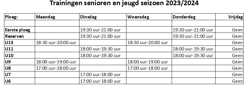 Training schema seizoen 2023/2024